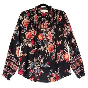 Loft‎ Blouse Shirt Womens XS Black Floral Smocked Dark Cottagecore Whimsigoth